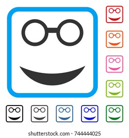 Professor Smile icon. Flat gray pictogram symbol in a blue rounded rectangle. Black, gray, green, blue, red, orange color versions of Professor Smile vector. Designed for web and app interfaces.