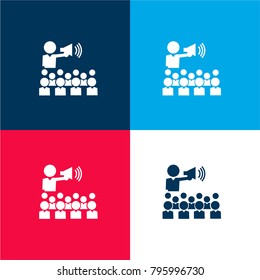 Professor with speaker talking to the students four color material and minimal icon logo set in red and blue