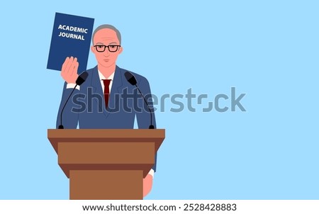 Professor standing at a podium, showcasing an academic journal. Ideal for educational materials,  research, scholarly themes, university lectures, or scientific discussions content