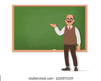 Professor stands at the blackboard on a white background. The teacher is giving a lecture. Vector illustration in cartoon style.