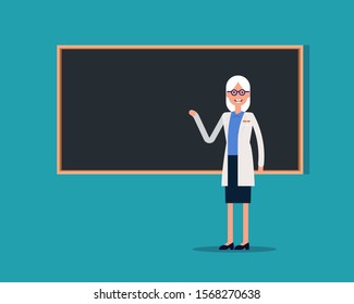 Professor stands at the blackboard. Teacher giving a lecture concept, Vector illustration in cartoon style