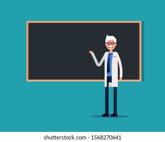 Professor stands at the blackboard. Teacher giving a lecture concept, Vector illustration in cartoon style