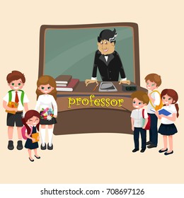professor and student illustration, Girl and boy with teacher in college classroom, vector campus university, education at school concept, lecturer teaching students
