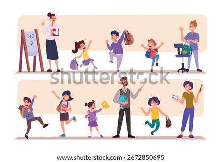 Professor and students. Smart characters with teachers on lesson exact vector back to school template set