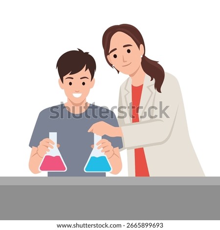Professor supervises a smiling student mixing colorful liquids in a science lab. Flat vector illustration isolated on white background