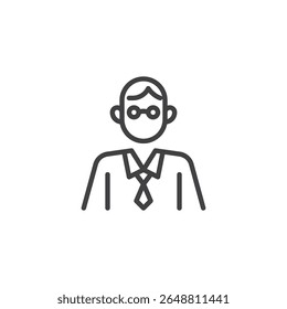Ícone de linha Professor Professor. Contorno ícone vetor de um educador com óculos e gravata. Este símbolo de ícone se encaixa no ensino acadêmico e nas profissões escolares.