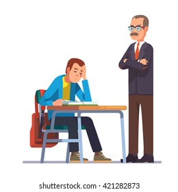 Professor Or Teacher Looking With Regret On A Sleeping Teen Student Sitting At His School Desk. Flat Style Color Modern Vector Illustration.