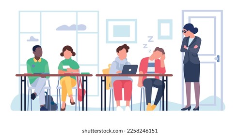 Professor or teacher looks reproachfully at sleeping student. Pupils sitting at desks. School discipline. College education. University lecture classroom. Distracted