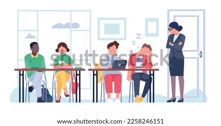 Professor or teacher looks reproachfully at sleeping student. Pupils sitting at desks. School discipline. College education. University lecture classroom. Distracted Stock photo © 