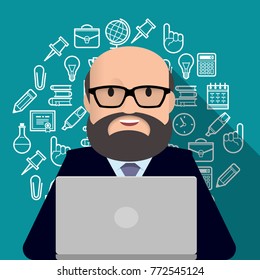 Professor, teacher, man with a beard working on the computer. Concept on the subject of training, workflow
