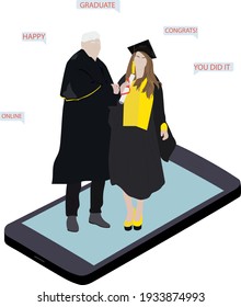 Professor teacher on smartphone monitor giving diploma certificate to student in academy hat, gown. School, university education graduation online 