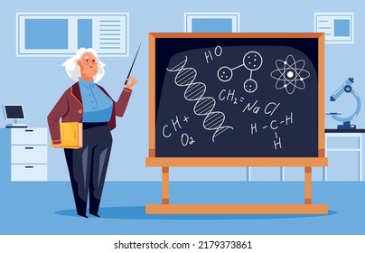 Professor teacher scientist standing near blackboard and teaching concept. Vector flat graphic design illustration