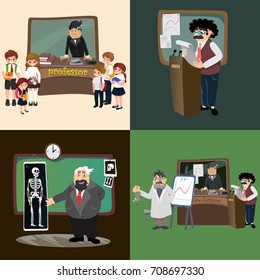 professor teaching at the blackboard, university education concept teacher with table in college or school vector illustration, character of science person, man reading lecture