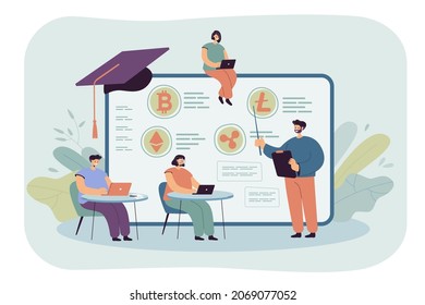 Professor Teaching Financial Literacy In Academy. Class At Business School Or University, Students Learning About Cryptocurrency And Trading Flat Vector Illustration. Finances, Education Concept