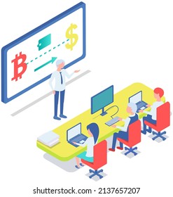 Professor Teaching Financial Literacy In Academy. Class At Business School Or University, Students Learning About Cryptocurrency And Trading, Digital Money Mining. Finances, Education Concept