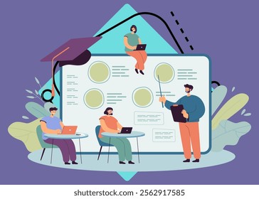 Professor teaching financial literacy in academy. Class at business school or university, students learning about cryptocurrency and trading flat vector illustration. Finances, education concept