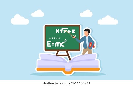 Professor teaching formula on blackboard near open book holding stick and book illustration of sharing knowledge gained through reading