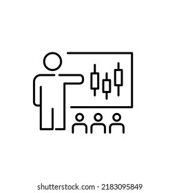 Professor Teaching Stock Trading At Blackboard To A Classroom Of Students. Pixel Perfect, Editable Stroke Line Icon.