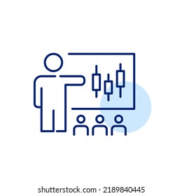 Professor Teaching Stock Trading At Blackboard To A Classroom Of Students. Pixel Perfect, Editable Stroke Line Art Icon.