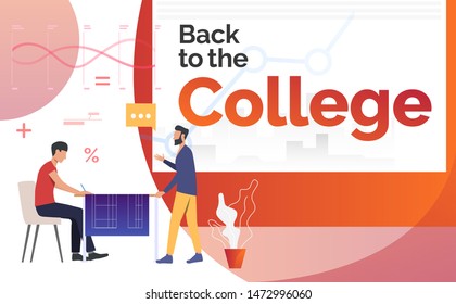 Professor teaching student who is drawing blueprint at desk. Learning, back to college concept. Poster or landing template. Vector illustration for topics like study, knowledge, education