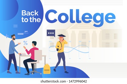 Professor teaching student, woman talking on phone. Learning, back to college concept. Poster or landing template. Vector illustration for topics like study, knowledge, education