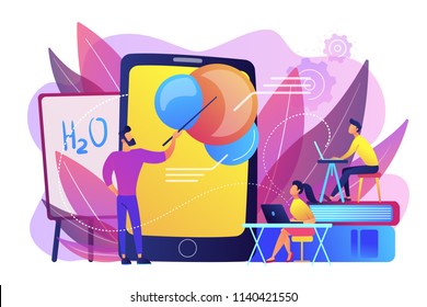 Professor teaching sudents science with help of tablet and augmented reality. Virtual reality, visual education, engaging teaching methods concept, violet palette. Vector isolated illustration.