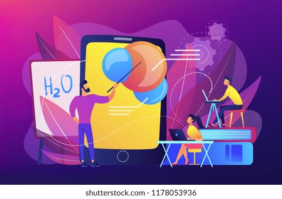 Professor teaching sudents science with help of tablet and augmented reality. Virtual reality, visual education, engaging teaching methods concept, violet palette. Vector illustration.