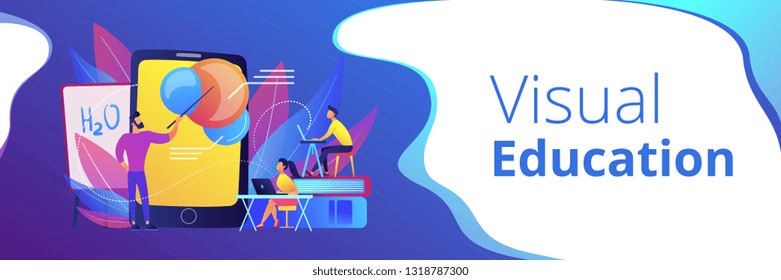 Professor teaching sudents science with help of tablet and augmented reality. Virtual reality, visual education, engaging teaching methods concept, violet palette. Header or footer banner.