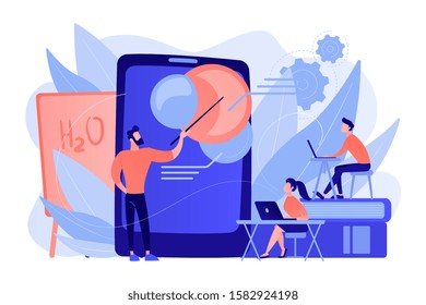 Professor teaching sudents science with help of tablet and augmented reality. Virtual reality, visual education, engaging teaching methods concept. Vector isolated illustration.