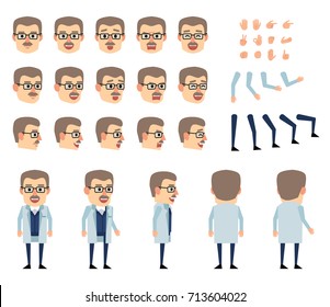 Professor in white lab coat creation set. Various gestures, emotions, diverse poses, views. Create your own pose, animation. Flat style vector illustration