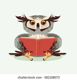 Professor wise owl character reading book. Vector flat cartoon illustration