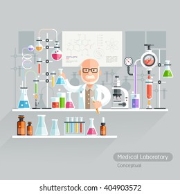 Professor Working on Medical Laboratory. Vector Illustration.