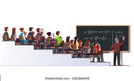 Professor writing physics formula on blackboard during university lecture class. Big full multilevel classroom interior. Students sitting at desks. Higher education. Flat vector character illustration