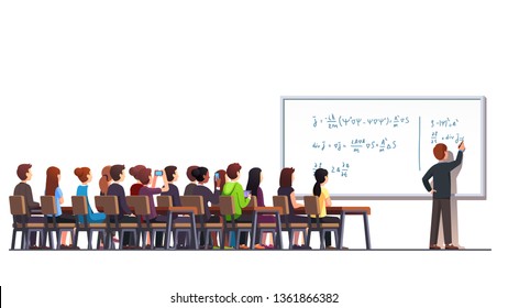 Professor writing quantum physics formula on white blackboard during college lecture class. Big classroom interior with students sitting at desks. Higher education. Flat vector character illustration