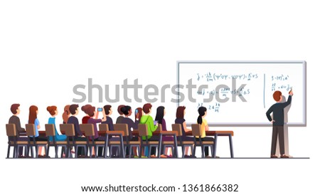 Professor writing quantum physics formula on white blackboard during college lecture class. Big classroom interior with students sitting at desks. Higher education. Flat vector character illustration