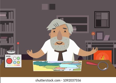 Professor-historian in the office. Time machine on the table. Animated character.