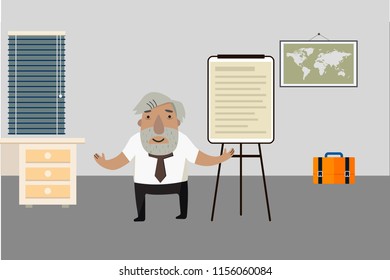 Professor-historian in the room. Flip chart. Animated character.. Vector illustration. Cartoon character.