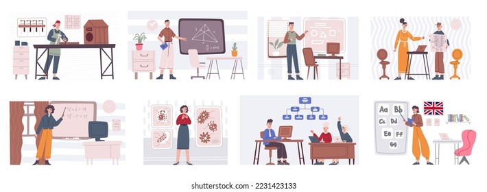 Professors lectures at blackboard. Teachers work on lessons in primary school or university, academic lecturer professor tutoring math chemistry biology, recent vector illustration of work professor