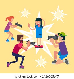 Proffecional photographers shooting model in studio at different angles. Making pictures of a star young girl. Cartoon vector illustration