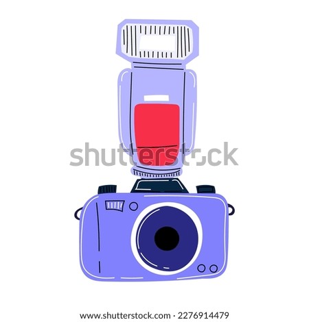 Proffesional photographer camera with flash. Hand drawn vector illustration. Isolated on white background.  Digital photography equipment. Camera with speedlight.