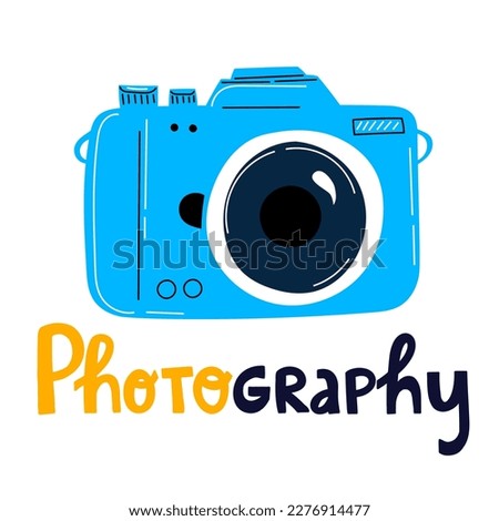 Proffesional photographer camera. Hand drawn vector illustration. Isolated on white background.  Digital photography equipment.