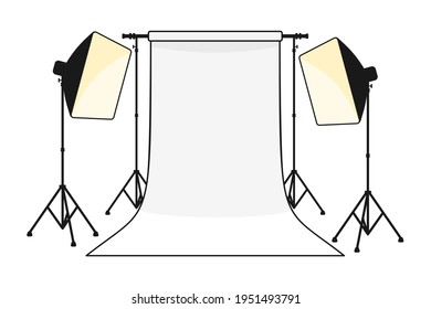 Proffesional photography studio with empty background and softbox light in vector illustration