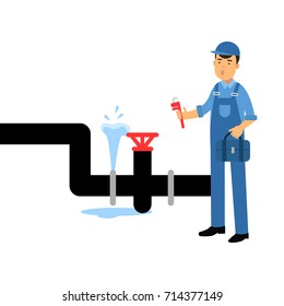 Proffesional plumber character with an adjustable wrench repairing plumbing vector Illustration