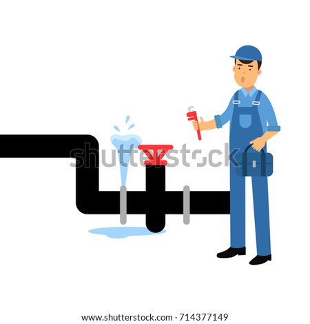 Proffesional plumber character with an adjustable wrench repairing plumbing vector Illustration