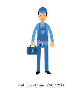 Proffesional plumber character in a blue overall standing with tool box, plumbing service vector Illustration