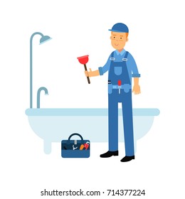 Proffesional plumber character cleaning drain in the bathtub using plunger, plumbing service vector Illustration