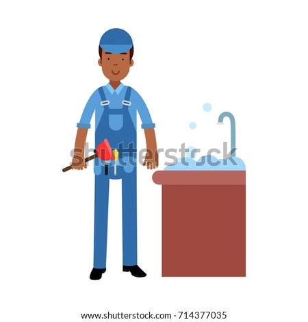 Proffesional plumber character cleaning drain in the sink using plunger, plumbing service vector Illustration