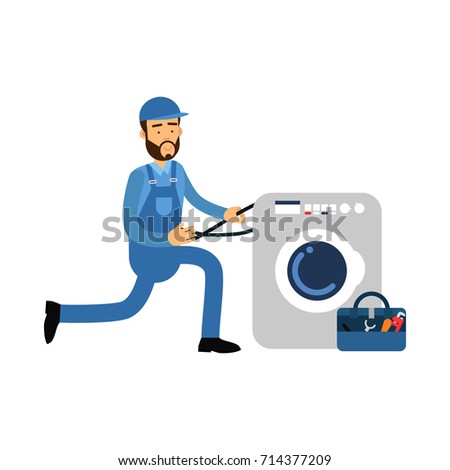Proffesional plumber character installing washing machine, plumbing service vector Illustration