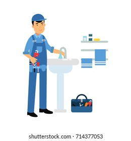 Proffesional plumber character with monkey wrench repairing faucet tap, plumbing service vector Illustration