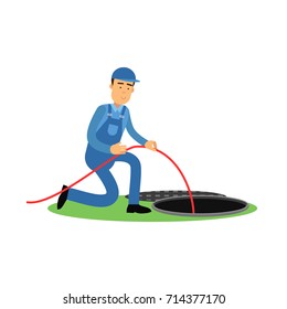 Proffesional plumber character standing next to a sewer manhole, plumbing service vector Illustration